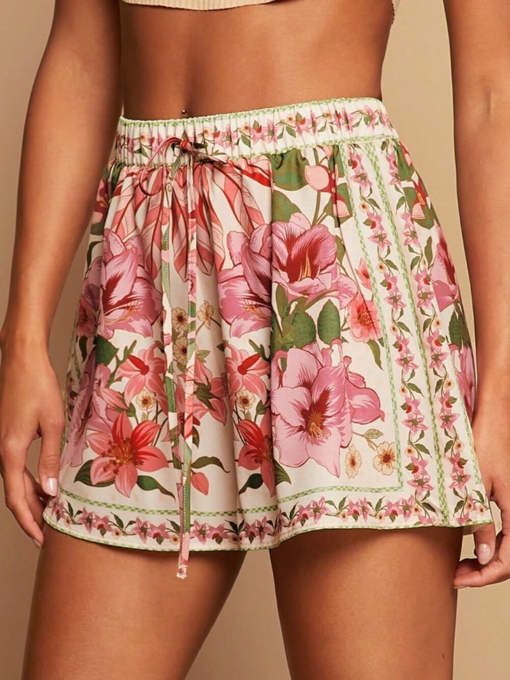 Multicolor Boho Women's Floral Print Drawstring Waist Shorts - Picture 3 of 5